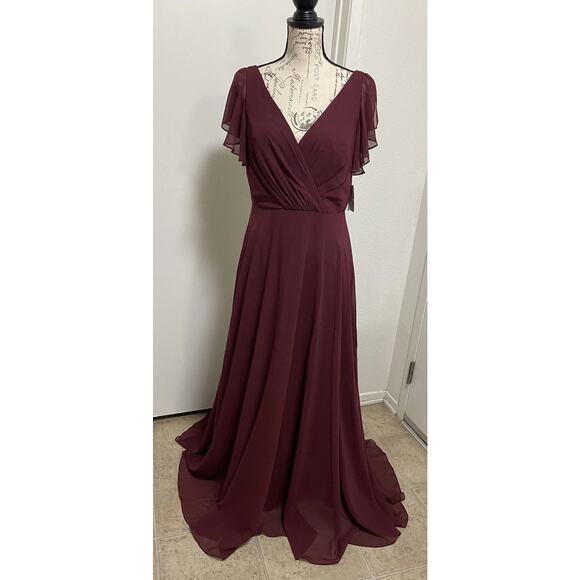 Davids Bridal Dress Womens 8 Wine Red Long Flutter Sleeve Formal Gown F20065 - Picture 1 of 16